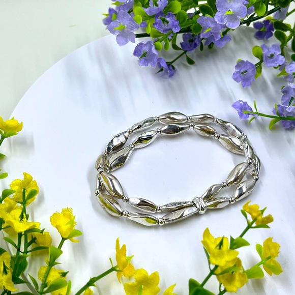 Napier Signed Silver Plated Bead Double Strand Stretchy Bracelet - Picture 6 of 7